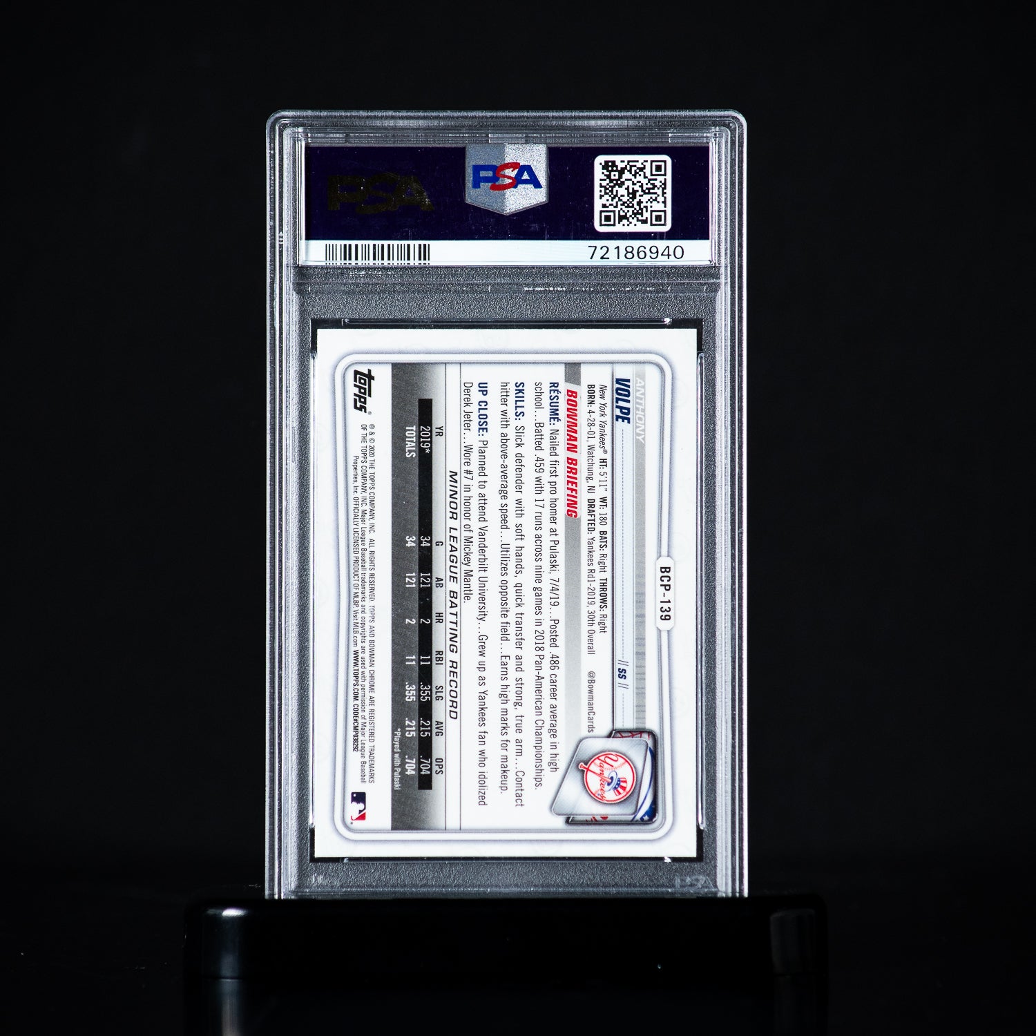 2020 Bowman Chrome Prospects Anthony Volpe BCP139 PSA 8 NM-MT