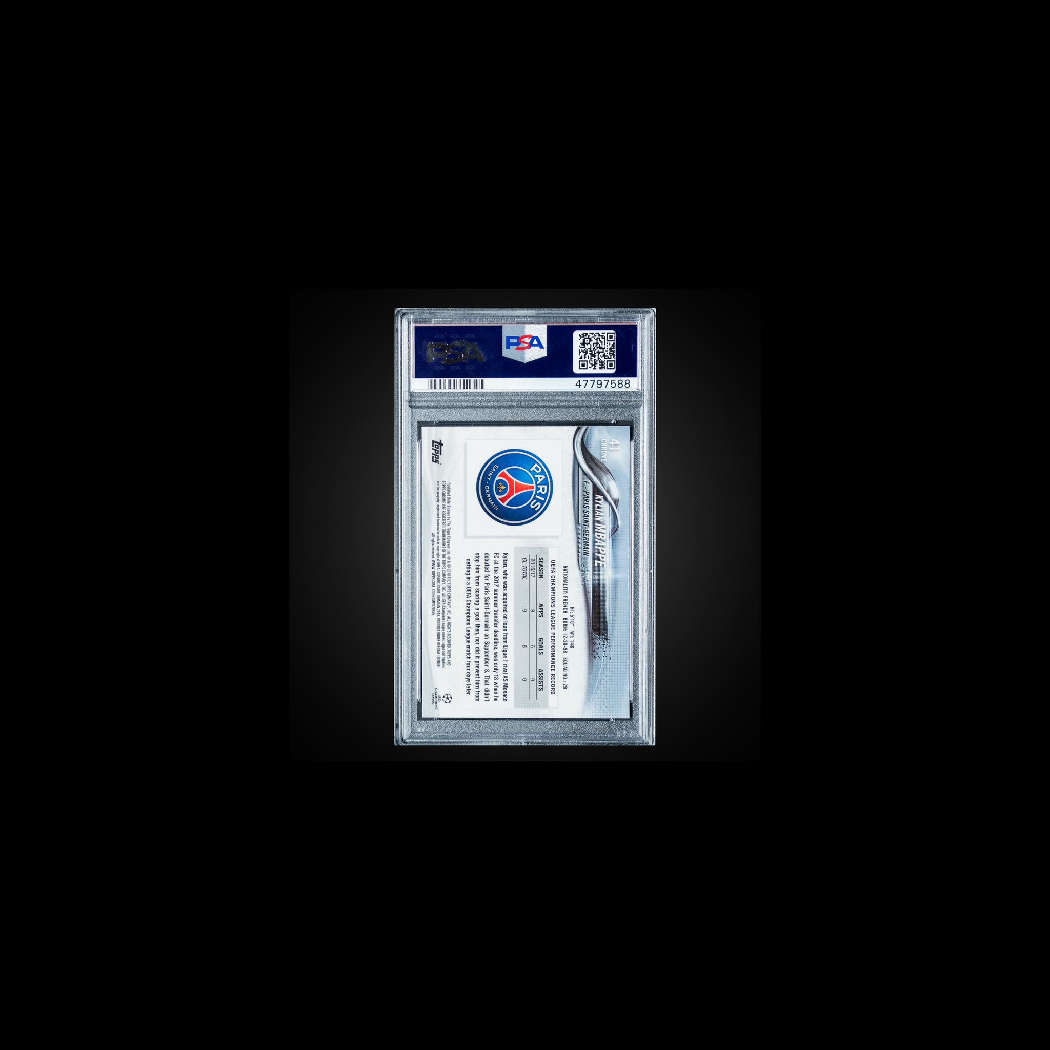 2017 Topps Chrome UEFA Champions League Base Kylian Mbappe 41 PSA 9
