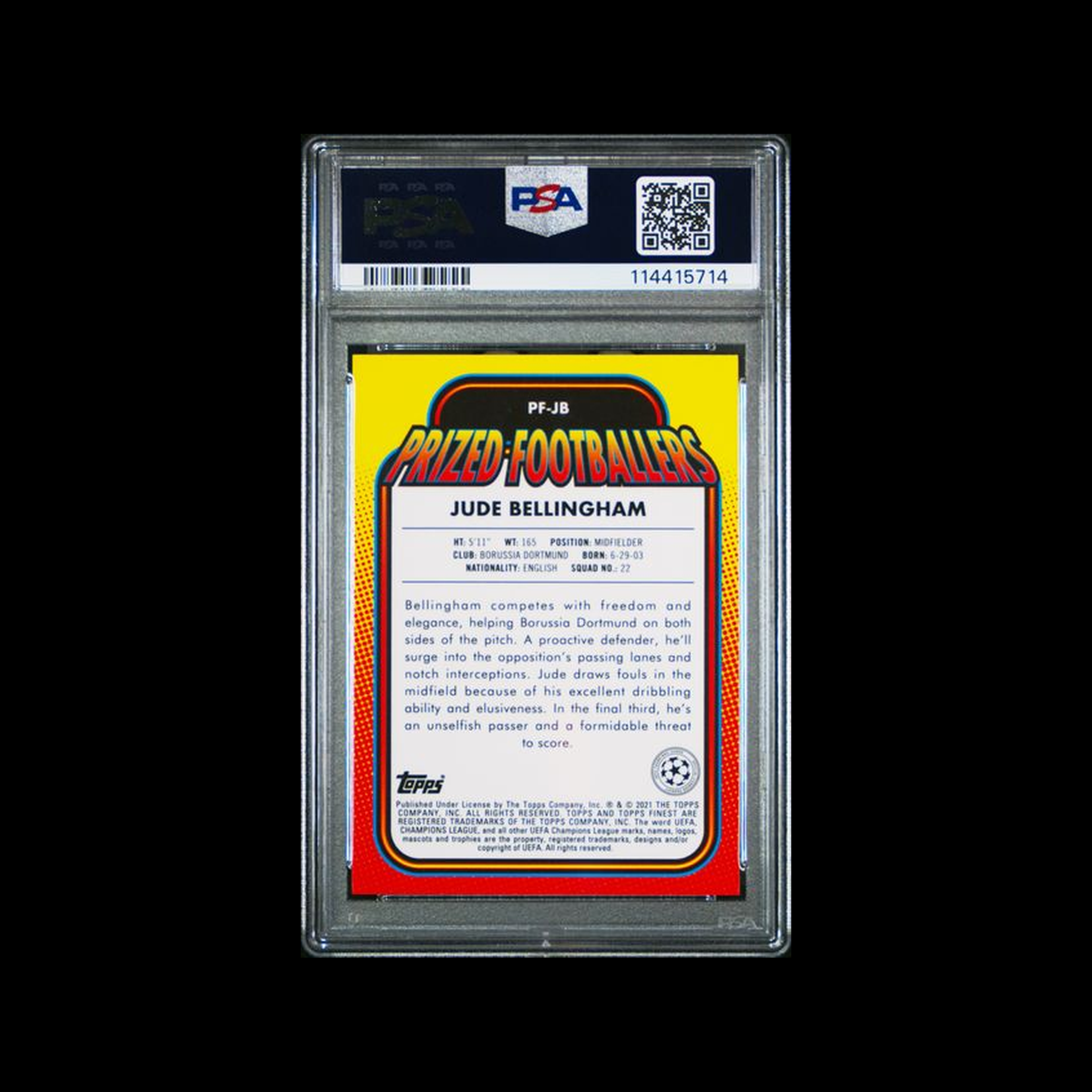 2020 Topps Finest Uefa Champions League Prized Footballers  Jude Bellingham JB PSA 9