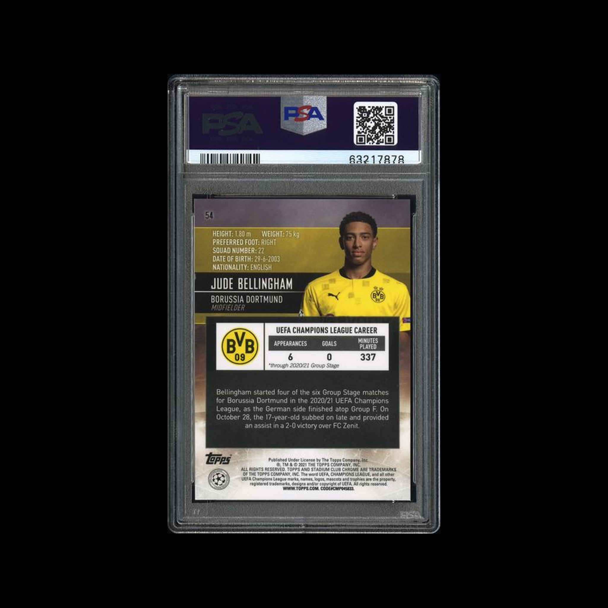 2020 Topps Stadium Club Chrome Uefa Champions League  Jude Bellingham 54 PSA 10