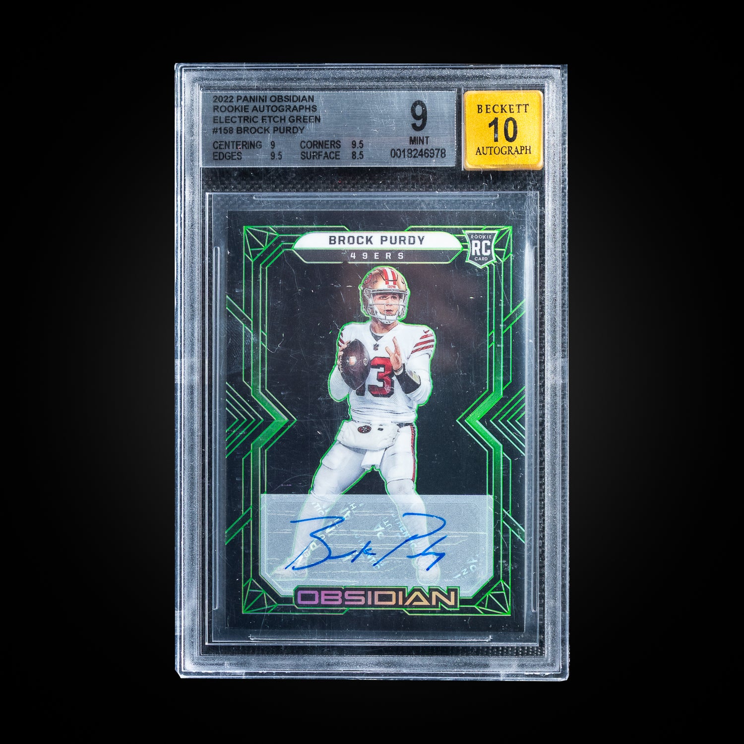 2022 Panini Obsidian Rookie Autographs Electric Etch Green Rookie Auto 37/50 	Brock Purdy 158 BGS 9 MINT