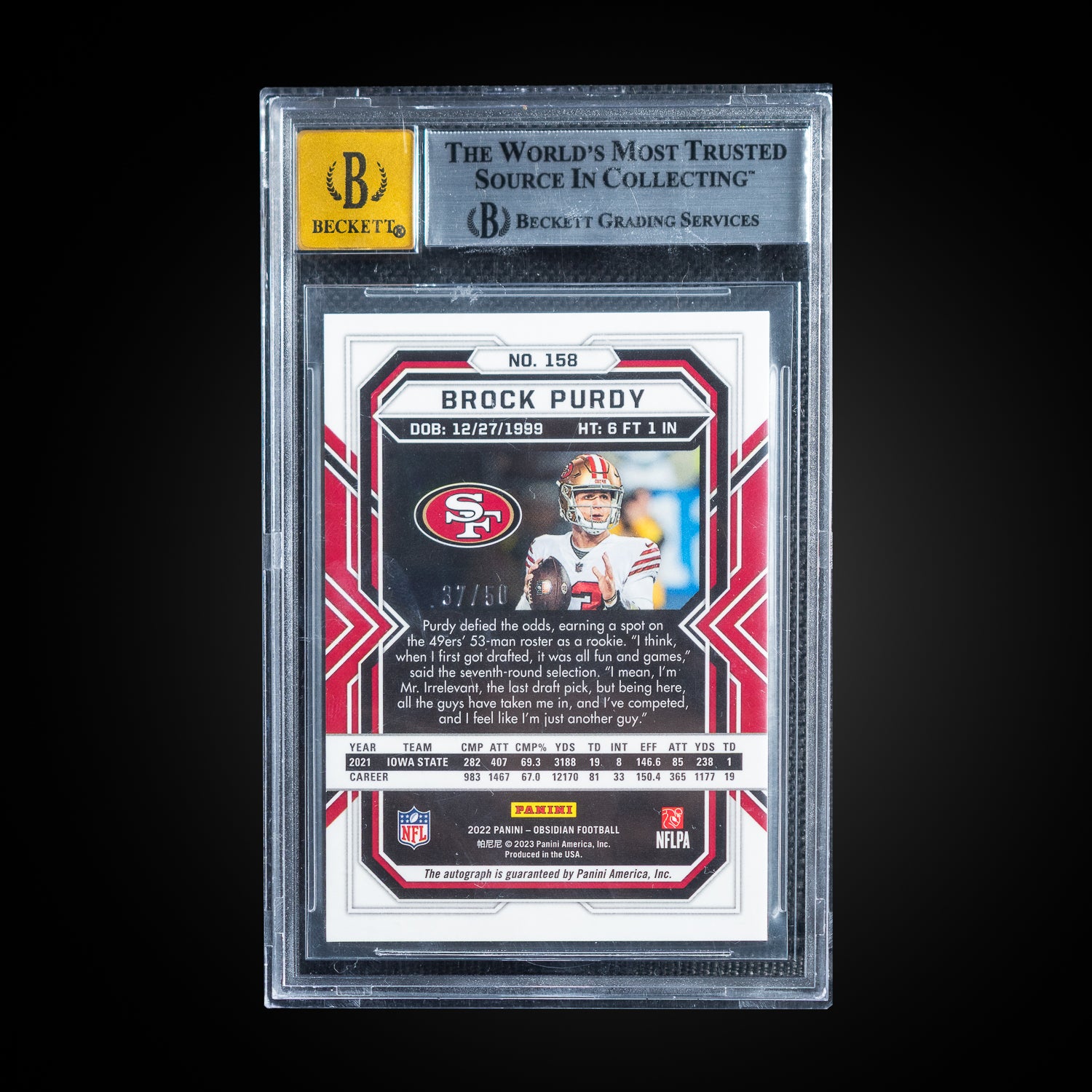 2022 Panini Obsidian Rookie Autographs Electric Etch Green Rookie Auto 37/50 	Brock Purdy 158 BGS 9 MINT