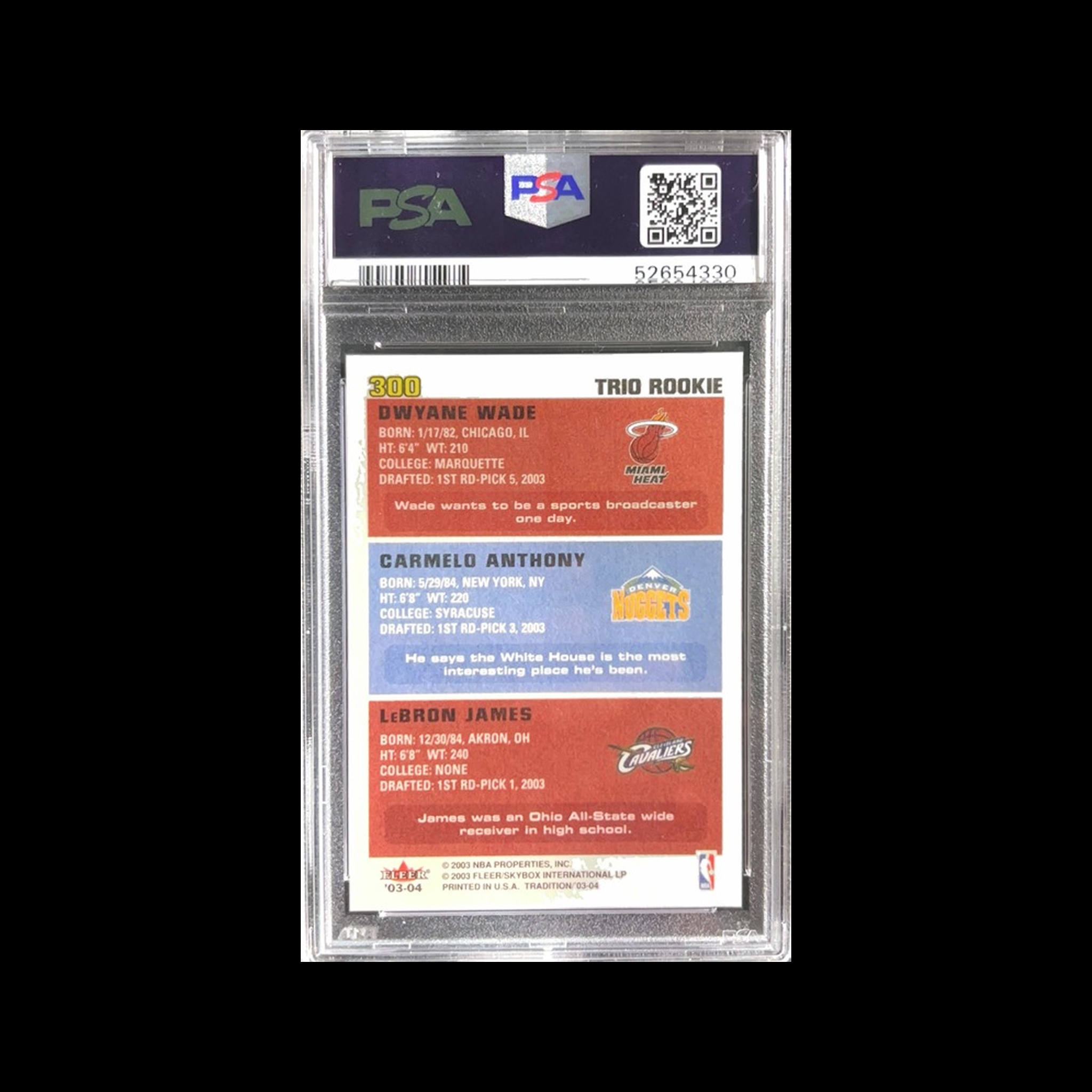 Subasta - 2003 Fleer Fleer Tradition  LeBron James, Dwyane Wade, & Carmelo Anthony 300 PSA 9