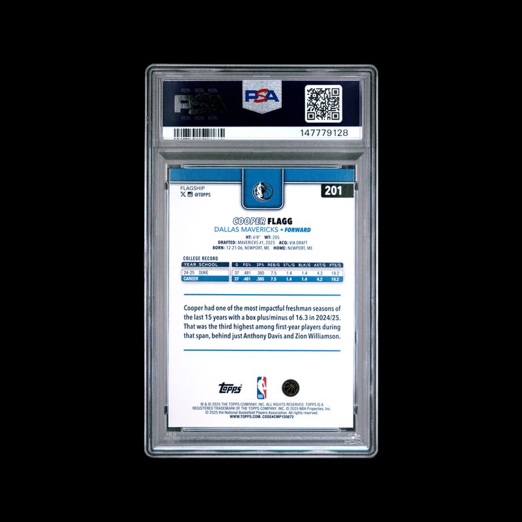 2025 Topps  Base Cooper Flagg 201 PSA 10 GEM-MT
