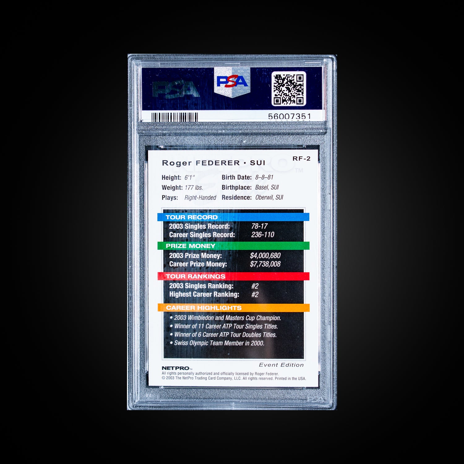 Netpro Elite Event Edition Promo Roger Federer RF-2 PSA 10