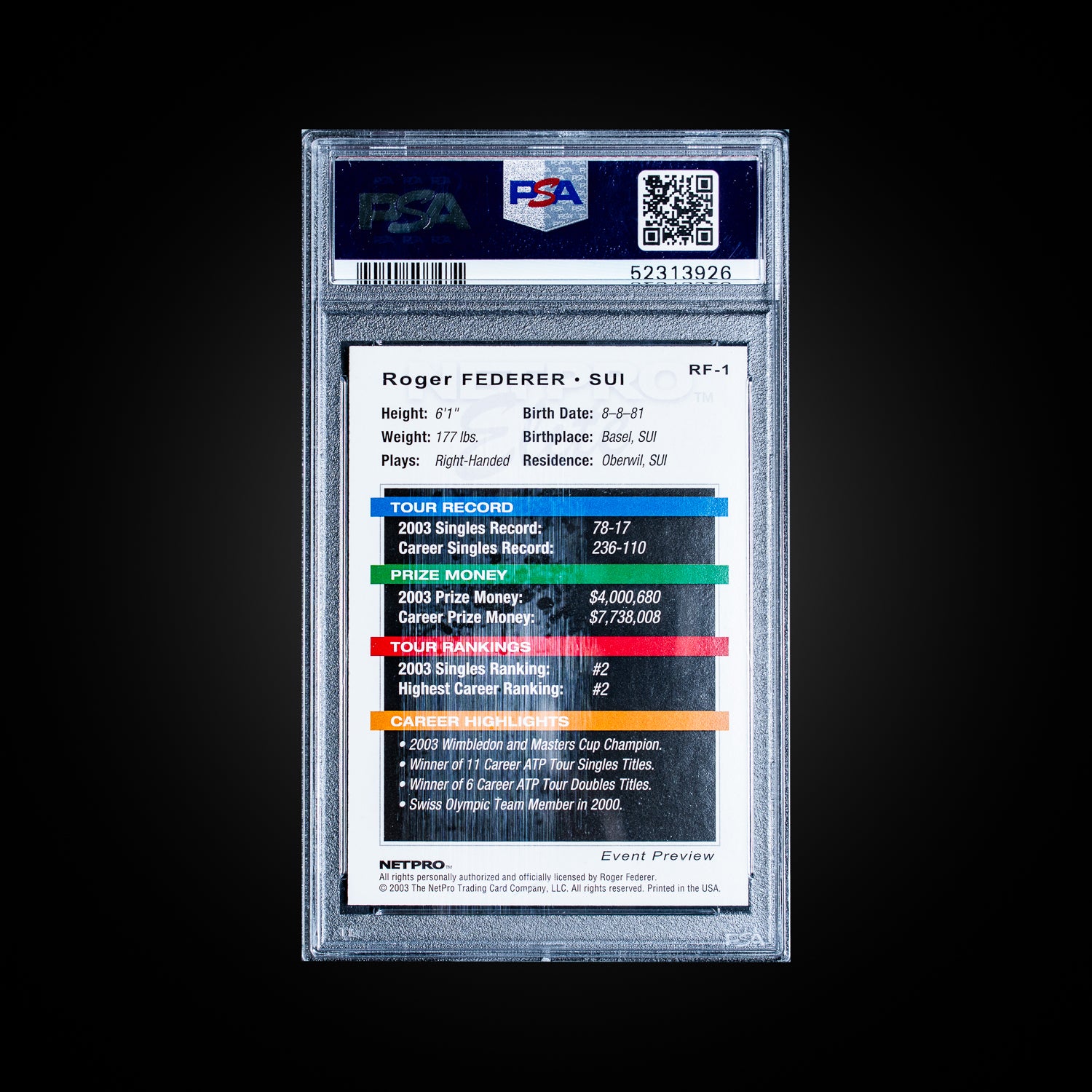 Netpro Elite Event Preview Roger Federer RF-1 PSA 10