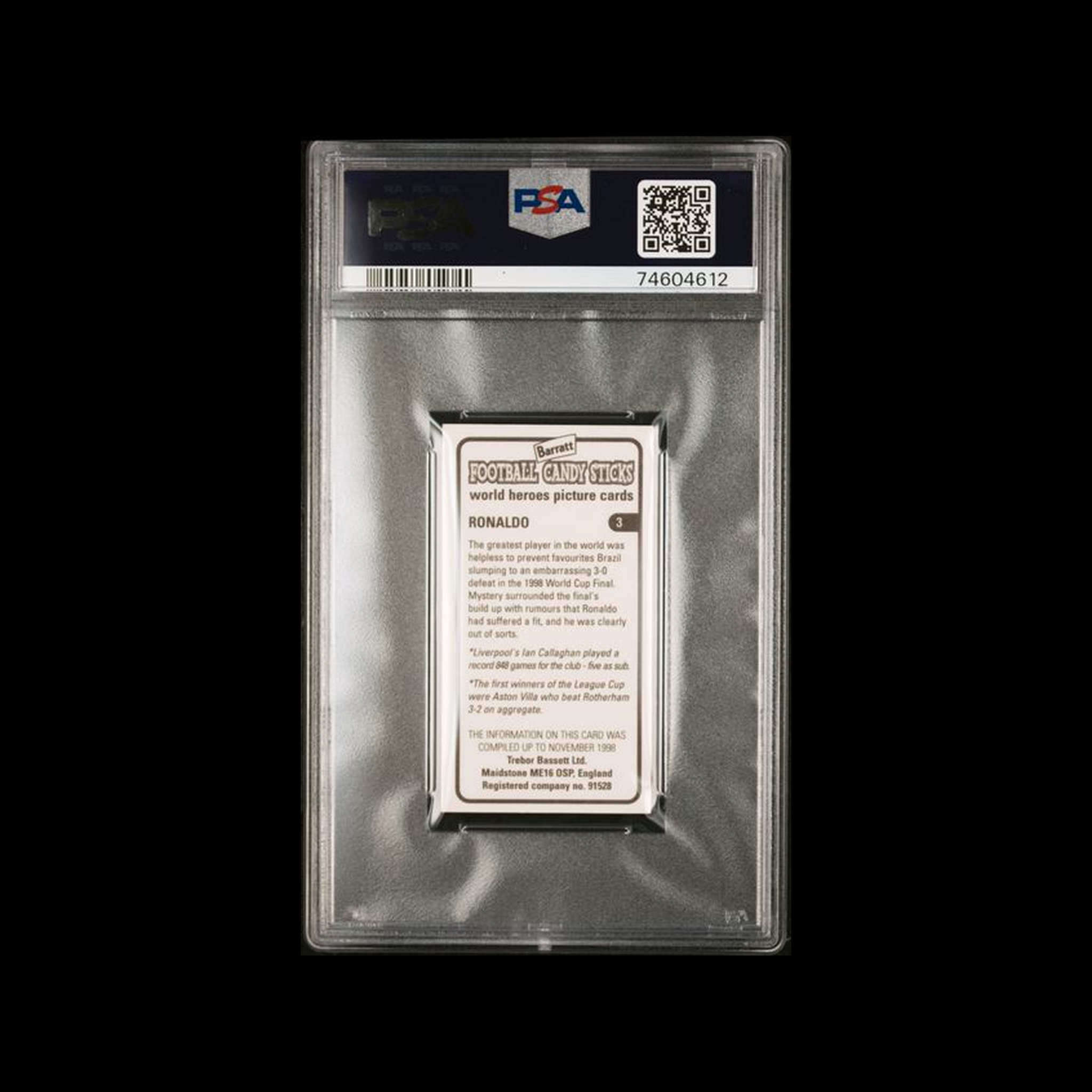 1998-99  Geo. Bassett & Co. World Heroes Bassett Logo Ronaldo Nazario 3 PSA 6