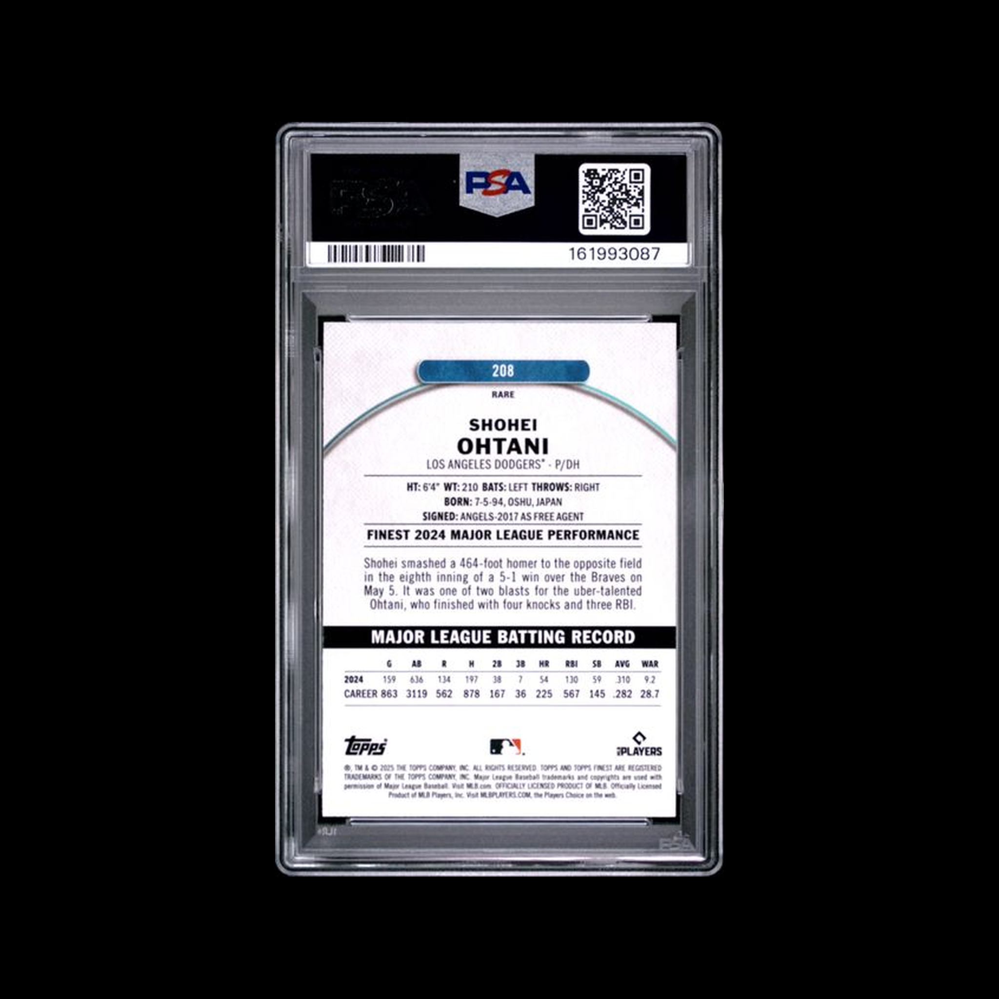 2025 Topps Finest Sky Blue Refractor Shohei Ohtani 208 PSA 9 MINT