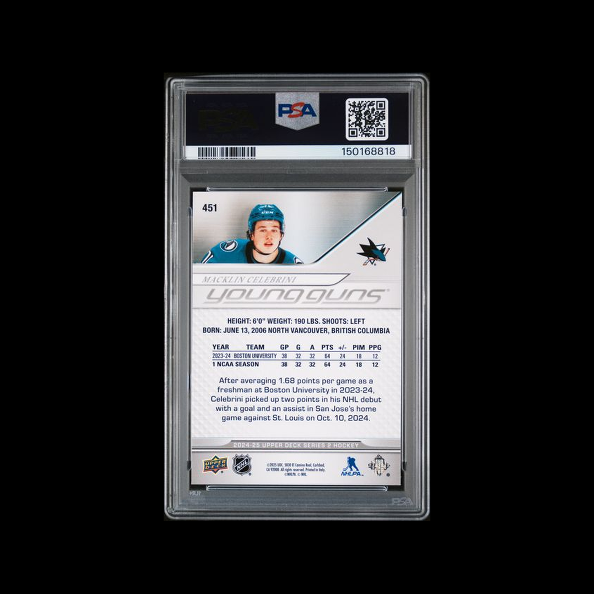 2024 Upper Deck   Macklin Celebrini 451 PSA 8 NM-MT