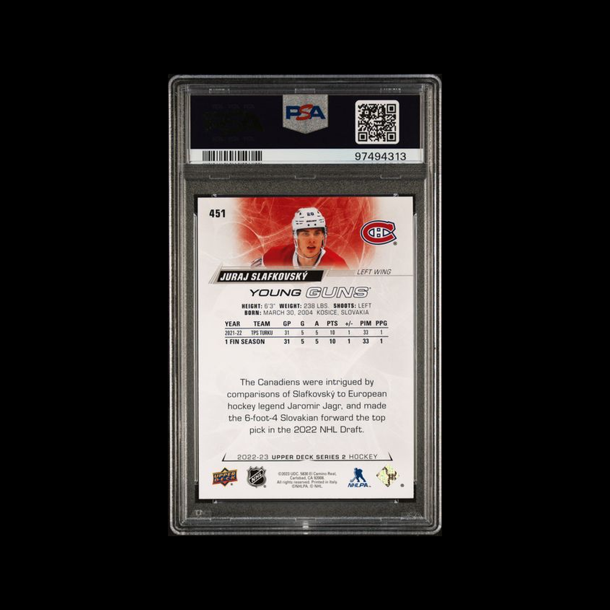2022 Upper Deck   Juraj Slafkovsky 451 PSA 9 MINT