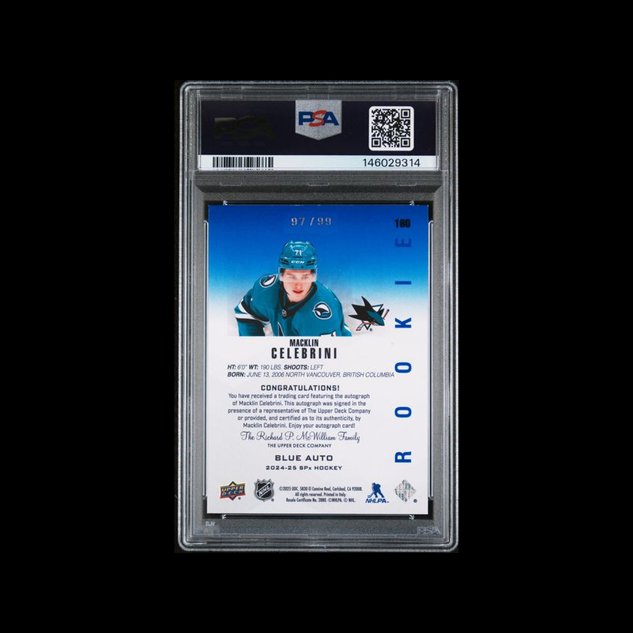 2024 Upper Deck Spx Autograph Macklin Celebrini 160 PSA 7 Auto 8