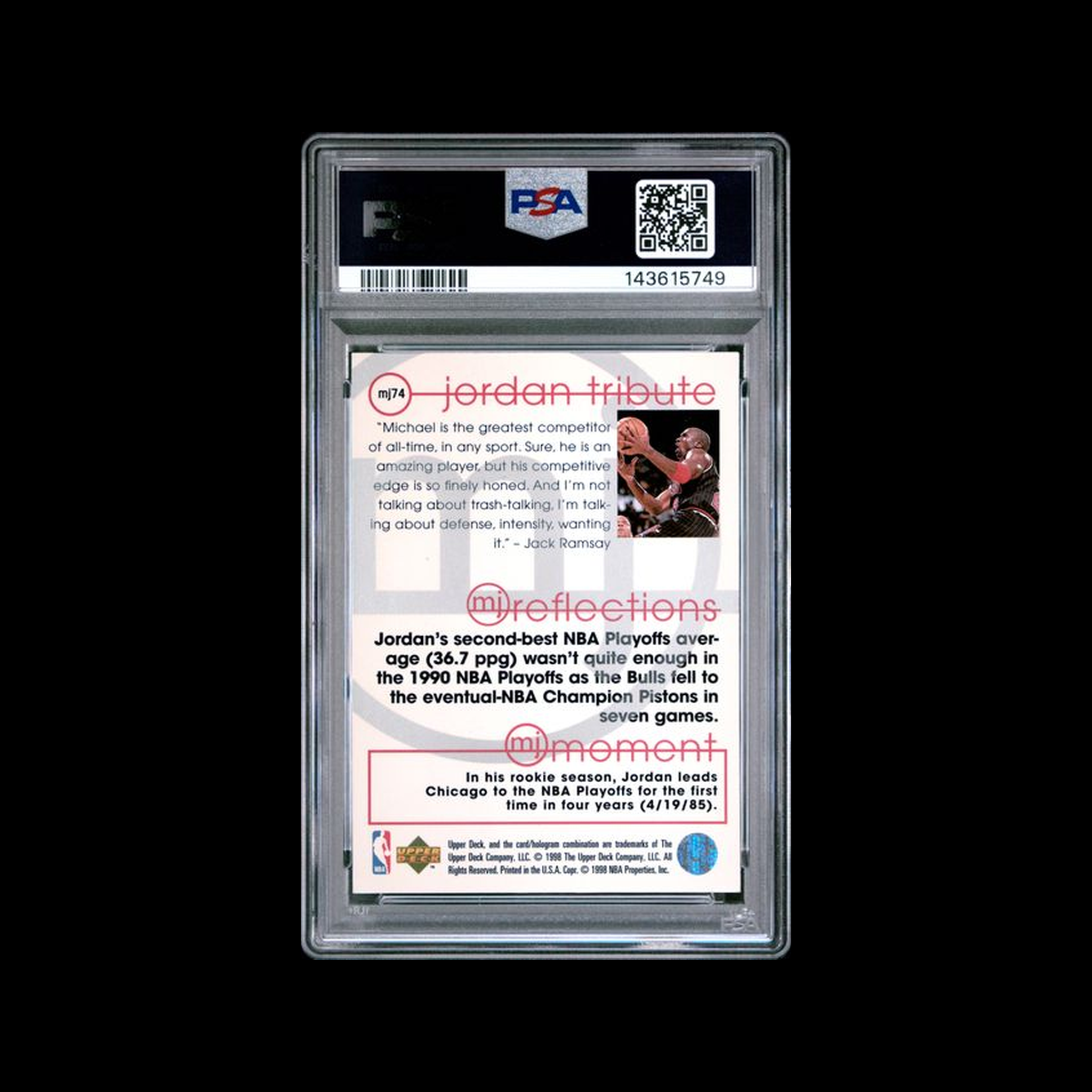 1998 Upper Deck Jordan Tribute Mj Reflections Michael Jordan MJ74 PSA 9 MINT